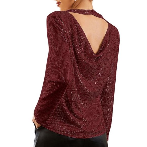 Backless Sequin Wine Red Long Sleeve Holiday Cocktail Party Top - Picture 1 of 3